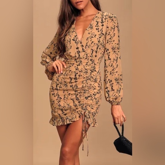 Lulus One True Love Taupe Floral Print Ruched Long Sleeve Mini Dress Small - Picture 1 of 16